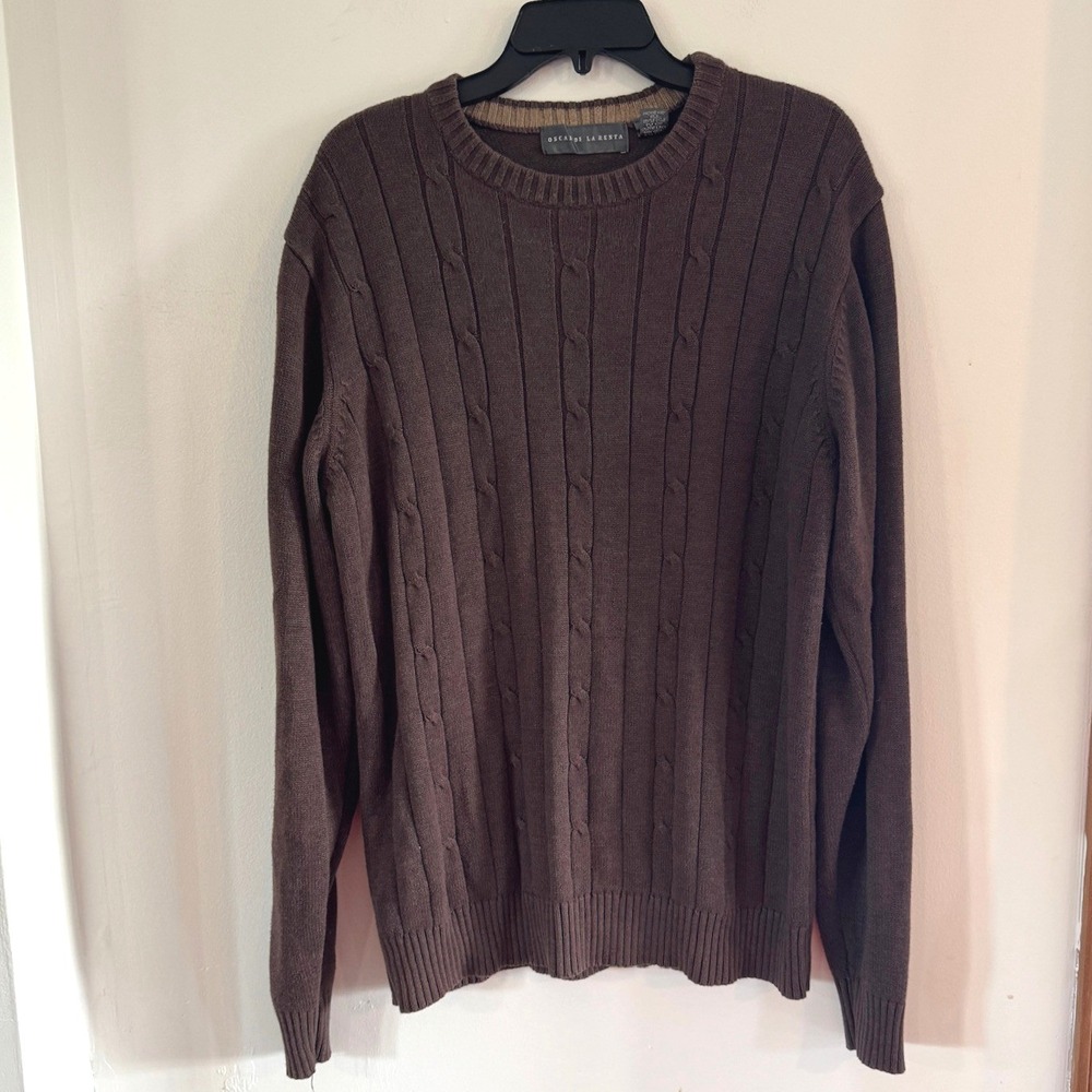 Oscar de la Renta Sweater XL Brown Cable Knit Crewneck Cotton Blend preppy